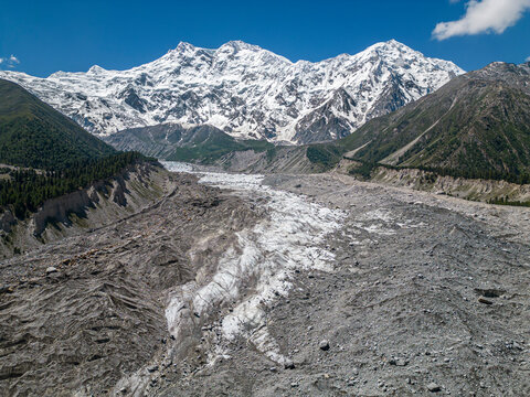 Aerial view of snow-capped Nanga Parbat and Rakhiot glacier, Karakoram Range, Astore, Skardu, Gilgit-Baltistan, Pakistan.