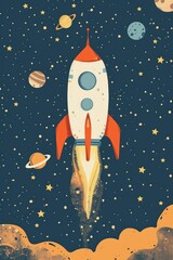 Fototapeta premium Vintage Rocket Launch into Colorful Outer Space Illustration