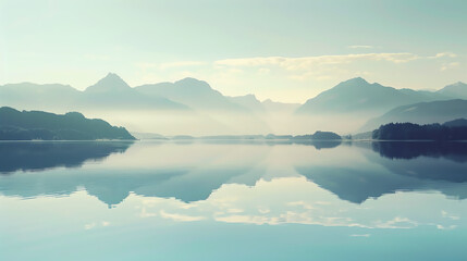 mountain lake, crystal clear water, peaceful reflection, pristine environment, close up, focus on, copy space, Double exposure silhouette with mountains