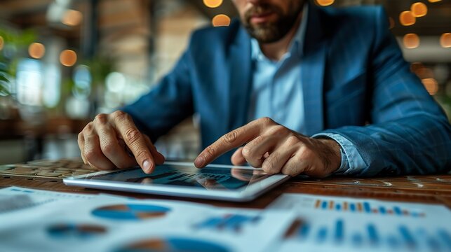 A businessman analyzing investment opportunities on a tablet, demonstrating adaptability and agility in finance.