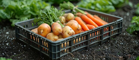 A basket filled with carrots, potatoes, and parsley.