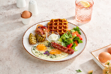 Lavish Breakfast Plate with Sunny Side Up Eggs, Waffle, Sausage, Bacon, and Fresh Salad