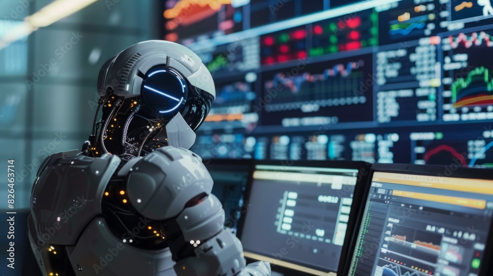 Poster a robot is seated in front of two computer monitors, presumably working or processing information.
