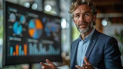 A businessman delivering a presentation to investors, showcasing persuasive communication skills in finance.