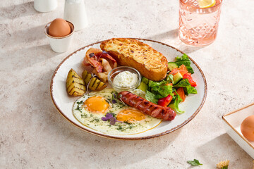 Hearty Traditional Breakfast Combo with Fried Eggs, Sausage, Bacon, Toast, and Fresh Salad