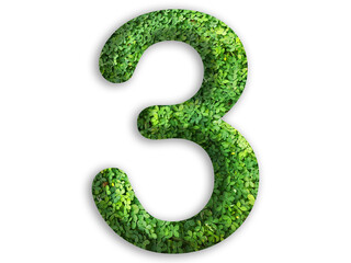 3d of the number of 3 is made from green grass on white background, go green concept
