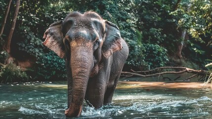 Fototapeta premium An elephant standing in a body of water with trees in the background and a fallen branch in the foreground