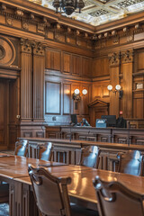 Empty American Style Courtroom. Supreme Court of Law and Justice Trial Stand. Courthouse Before Civil Case Hearing Starts. Grand Wooden Interior with Judge's Bench, Defendant's and Plaintiff's Tables
