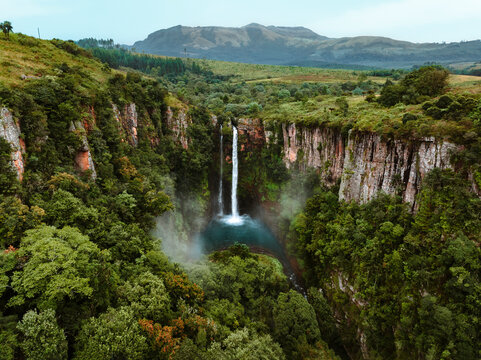Aerial view of Mac Mac Falls in lush rainforest, Mpumalanga, South Africa.
