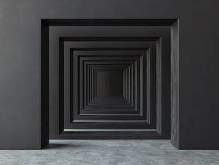 Abstract architectural tunnel with repetitive rectangular frames creating a modern and minimalistic look in grayscale tones.