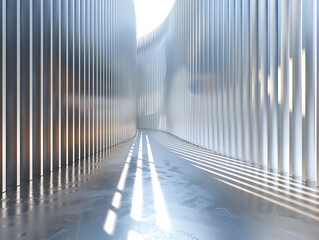 Abstract architectural background featuring a corridor with metallic vertical lines and natural light casting fascinating shadows.