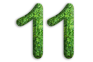 3d of the number of 11 is made from green grass on white background, go green concept