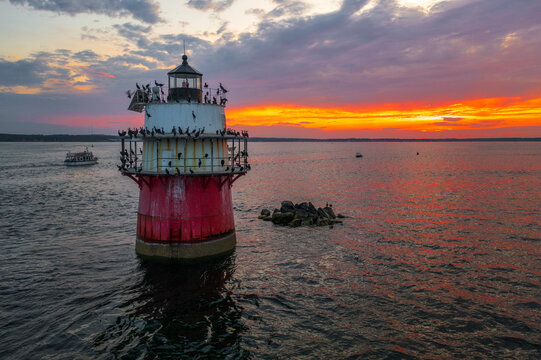 Aerial view of Bug Light lighthouse overlooking Plymouth Bay, Plymouth, Massachusetts, United States.