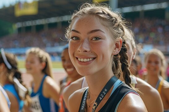 A group of girls wearing sports uniforms and smiling at the camera.