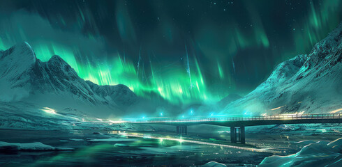 A beautiful view of the Northern Lights over Norway's arctic landscape, with vibrant green and blue lights dancing in the sky above snowy mountains and an illuminated bridge crossing the water below - Powered by Adobe