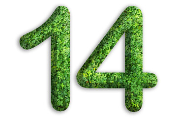 3d of the number of 14 is made from green grass on white background, go green concept