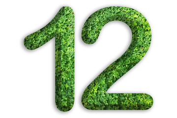 3d of the number of 12 is made from green grass on white background, go green concept