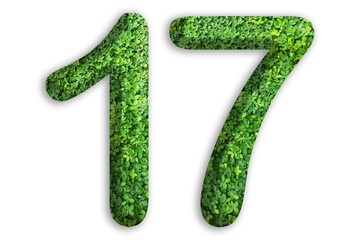 3d of the number of 17 is made from green grass on white background, go green concept