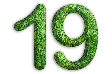 3d of the number of 19 is made from green grass on white background, go green concept