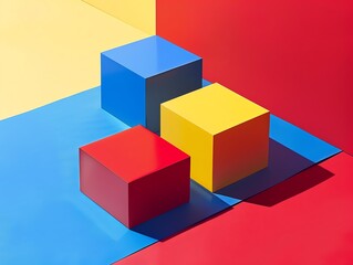 Obraz premium Colorful geometric shapes with vibrant red, blue, and yellow cubes on a contrasting background. Modern abstract composition.