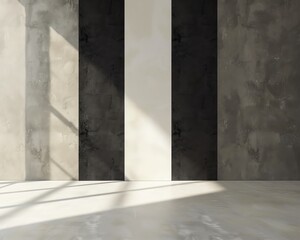 Empty modern minimalist concrete room interior with natural sunlight casting shadows on striped walls. Industrial design background.