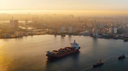 Aerial view of a large cargo ship filled with containers near the coastline of a city during sunrise