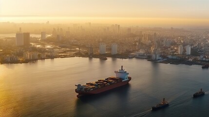Naklejka premium Aerial view of a large cargo ship filled with containers near the coastline of a city during sunrise