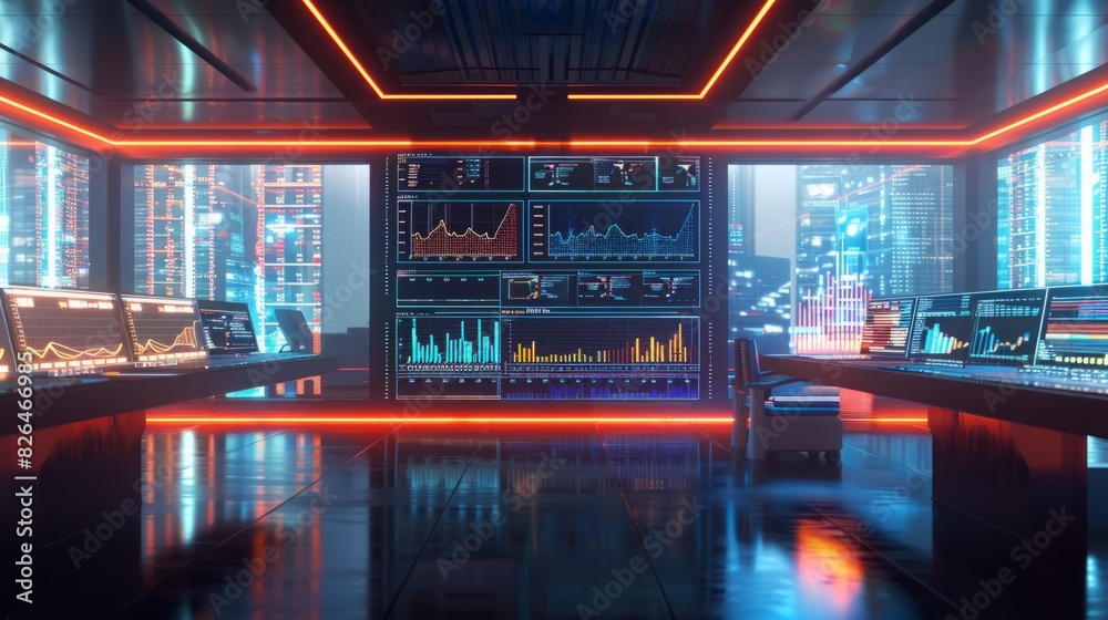 Poster a futuristic office space filled with numerous high-resolution monitors displaying data and informat