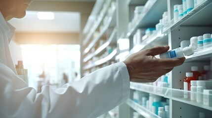 Man Pharmacist reaching for prescription form medicine cabinet.