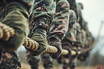 Military soldiers climbing rope during obstacle course in boot camp
