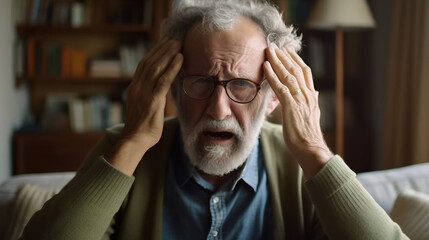 An elderly man with glasses holds his head in pain, depicting a severe headache or moment of stress