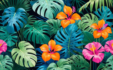 Green tropical leaves and flowers painting style seamless background. Summer concept.Generative AI. 