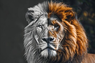 Fototapeta premium A dynamic image juxtaposing a photo of a majestic lion on the right with a detailed hand-drawn sketch on theleft, highlighting the transition between realism and artistry.