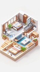 Isometric view of an apartment Floor plan, apartment interior isolated on white background