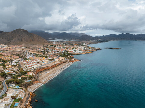 Aerial view of beautiful coastal town Isla Plana, Murcia, Spain.