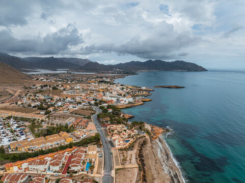 Aerial view of beautiful coastal town, Isla Plana, Murcia, Spain.