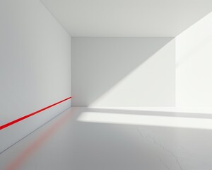 Minimalist white room with natural light and a red line accent. Modern interior design emphasizing simplicity and space.