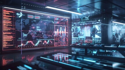 A futuristic room filled with numerous screens adorning the walls, displaying a variety of information and visuals.