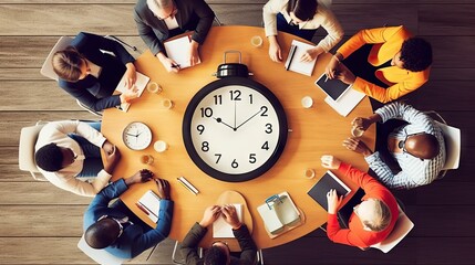 Overhead view of a diverse team of professionals in a meeting with a large clock on the table, implying time management