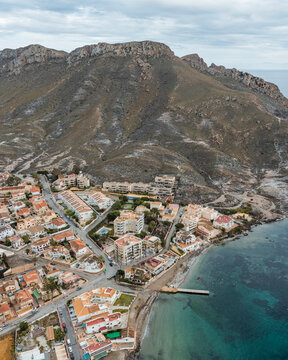 Aerial view of coastal town Calabardina, Aguilas, Murcia, Spain.
