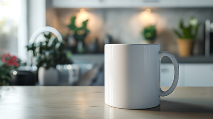 Fototapeta premium A beautiful and elegant of a mug mockup, Presenting a blank mug on a cozy kitchen background, Foreground a white ceramic mug mockup in the kitchen