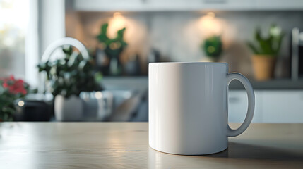 A beautiful and elegant of a mug mockup, Presenting a blank mug on a cozy kitchen background, Foreground a white ceramic mug mockup in the kitchen