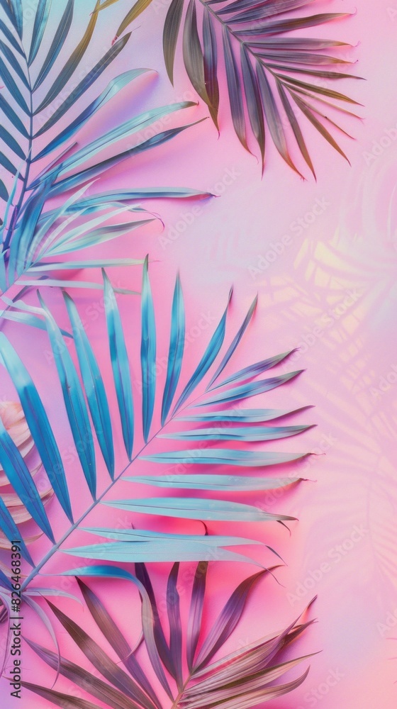 Poster A colorful image of a palm tree with blue leaves and pink background