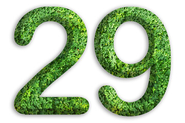 3d of the number of 29 is made from green grass on white background, go green concept