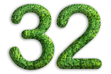 3d of the number of 32 is made from green grass on white background, go green concept