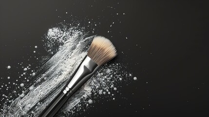 This is a photograph of a makeup brush with white powder scattered around it on a black background. - Powered by Adobe