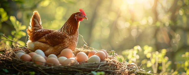 A hen sitting on eggs in an egg holder, surrounded by hay and sunlight with a green bokeh. A brown chicken sits next to fresh raw white chicken eggs, ready for cooking. Organic Product. Copy Space