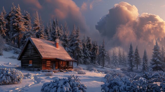 A wooden cabin nestled in a snowy forest glade, exuding warmth and coziness amid the wintry landscape.
