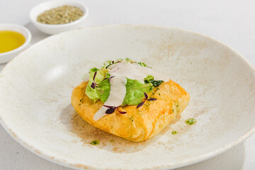 Mouthwatering Puff Pastry with Meat and Greens - Gourmet Plated Appetizer