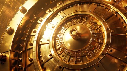 Obraz premium Close-up view of a massive, golden bank vault door illuminated by a warm light, symbolizing security and wealth.